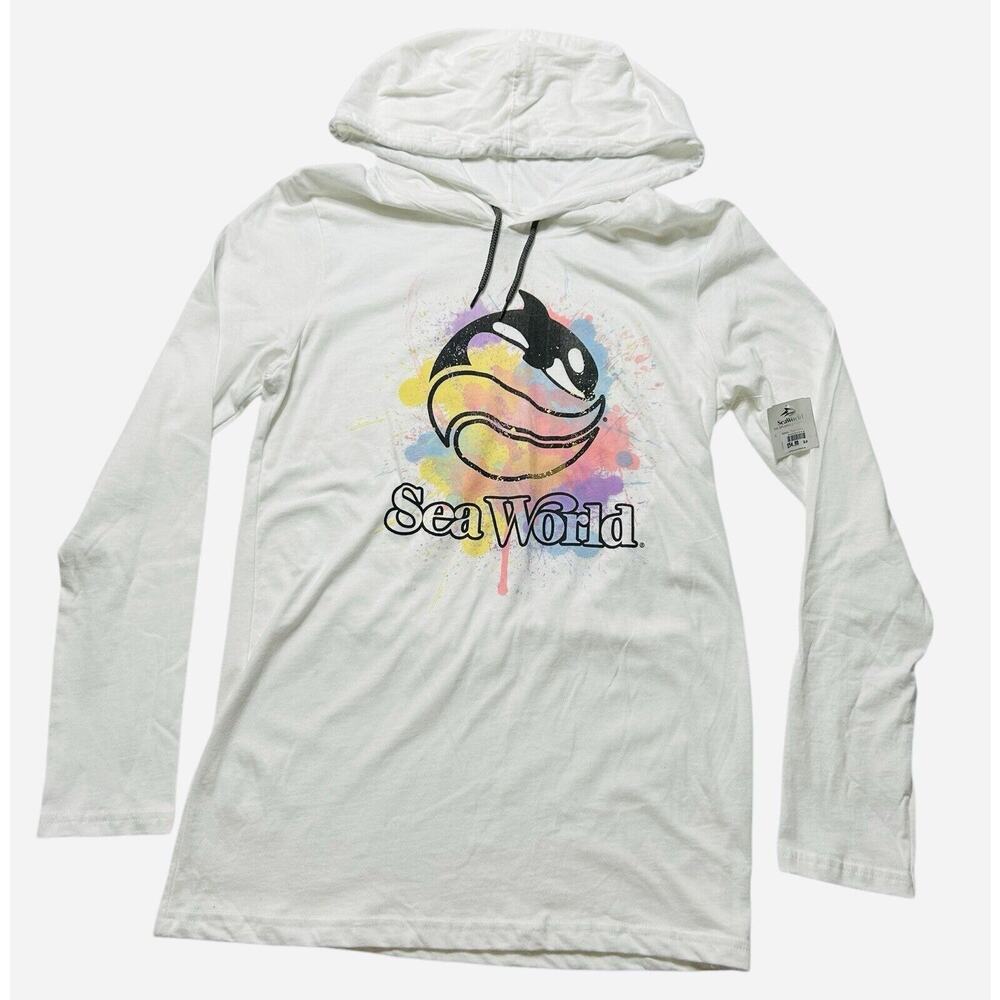 NEW Sea World Orca Whale Paint Splatter Lightweight Pullover Hoodie Womens Small